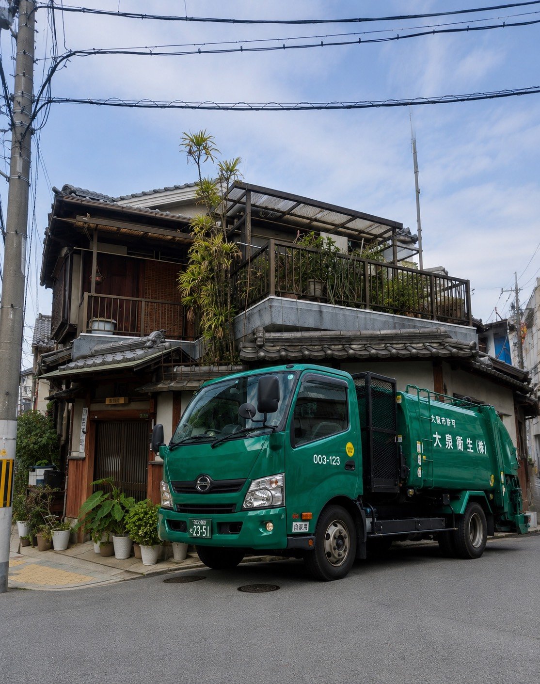 大阪市生野区の古民家前に停車する大泉衛生のパッカー車(イメージ図)