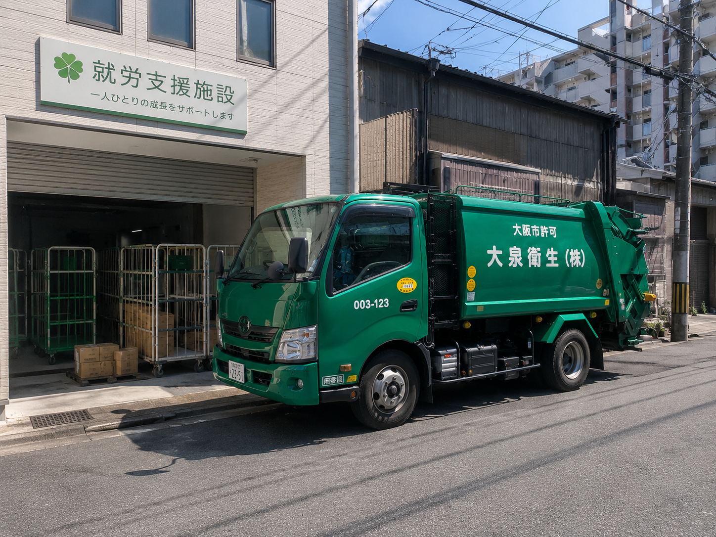 大泉衛生のパッカー車が大阪市の就労支援施設前で回収中(大阪市許可003-123号)