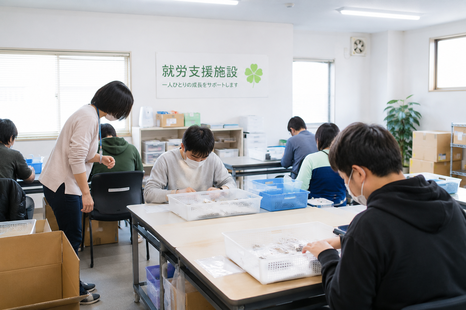就労継続支援事業所の作業風景・段ボールと部材が並ぶ作業エリア