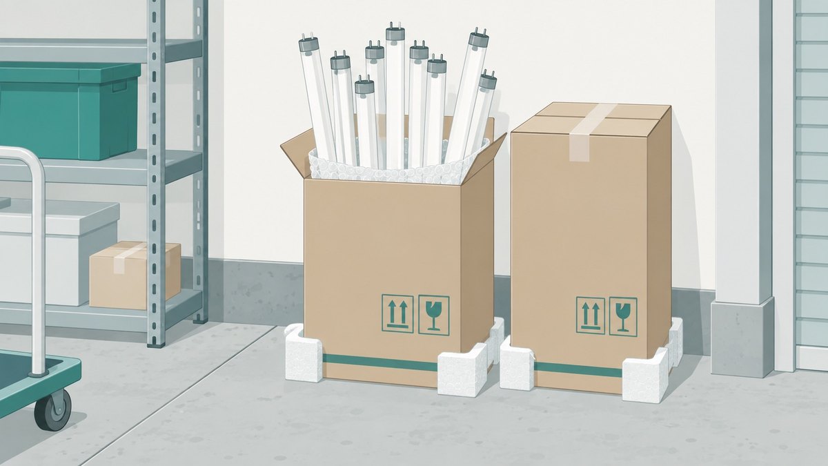 使用済みの直管蛍光灯を専用の箱に立てて分別保管している様子のイラスト