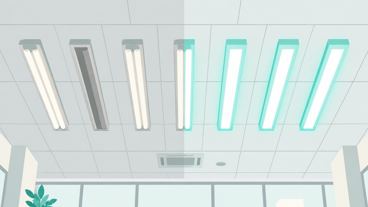 オフィスの天井で蛍光灯からLED照明へ切り替わっていく様子のイラスト