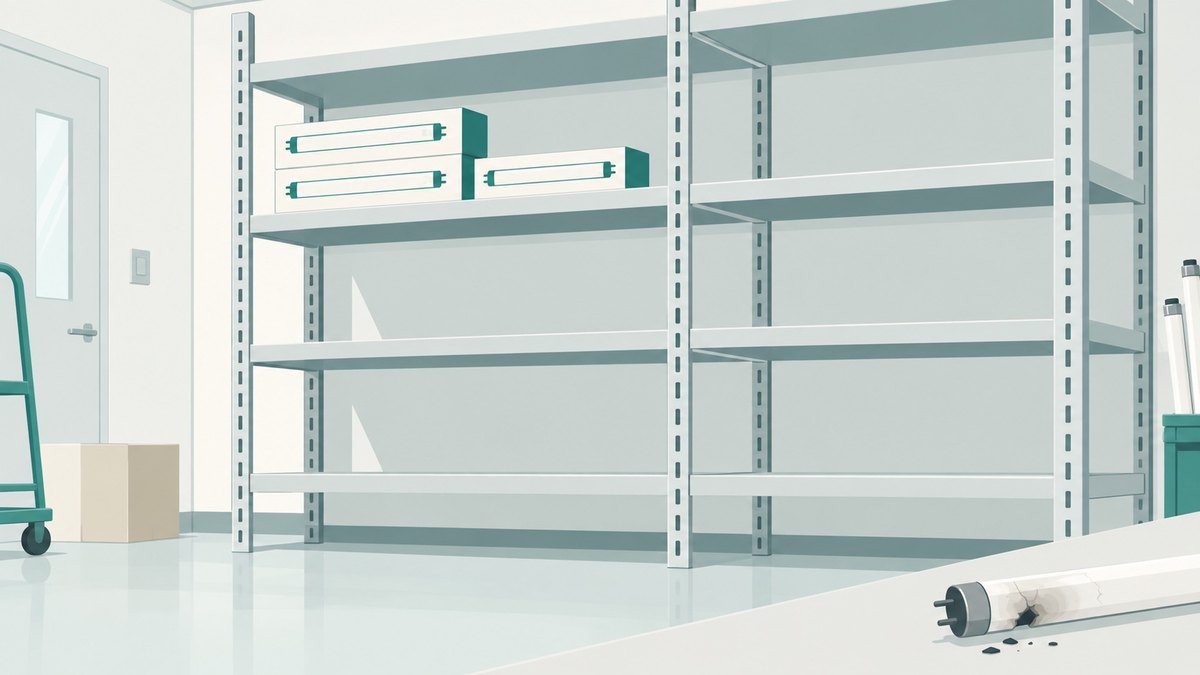 交換用の蛍光灯の在庫が残りわずかになった資材棚と、切れた蛍光管のイラスト
