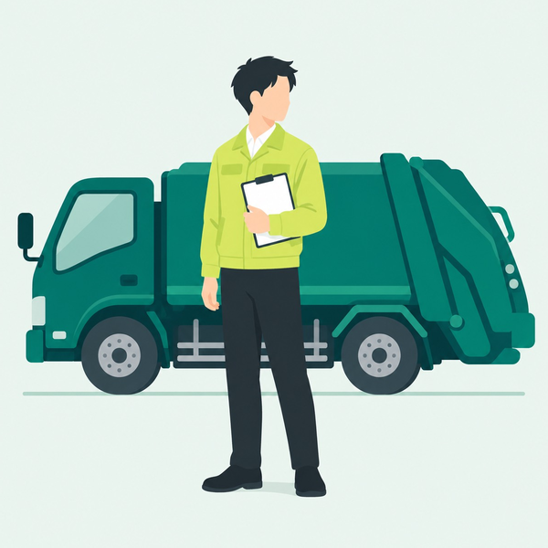パッカー車の前に立つ営業スタッフのイラスト